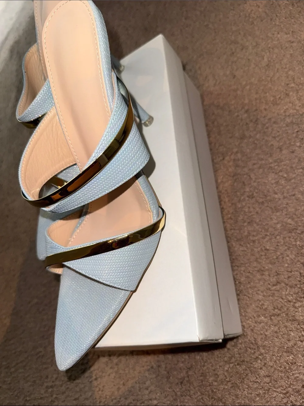 Light Blue Metallic Peep-Toe High Heels with Gold Accent - Picture 3 of 4